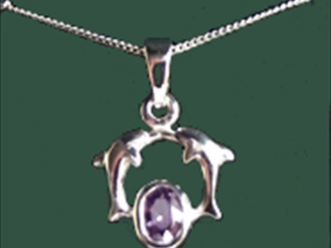 Twin Dolphins Pendant with Amethyst Coloured Stone 